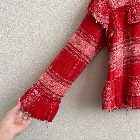 ZARA Red Pink Blogger Favorite Plaid Tweed Fringe Ruffle Cropped Blazer Jacket - Picture 8 of 13